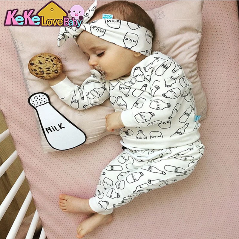 Newborn Infant Baby Girl Clothes Set Milk Print Long sleeve T-shirt Tops Pants Headband Cotton New born Outfits Toddler Clothing