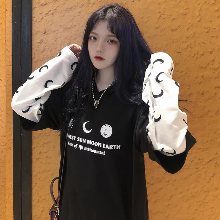Harajuku уличная Винтажная Футболка для женщин, одежда, осень, корейский Ulzzang, с принтом, с капюшоном, Футболки женские, полный поддельные два топа - Цвет: see chart