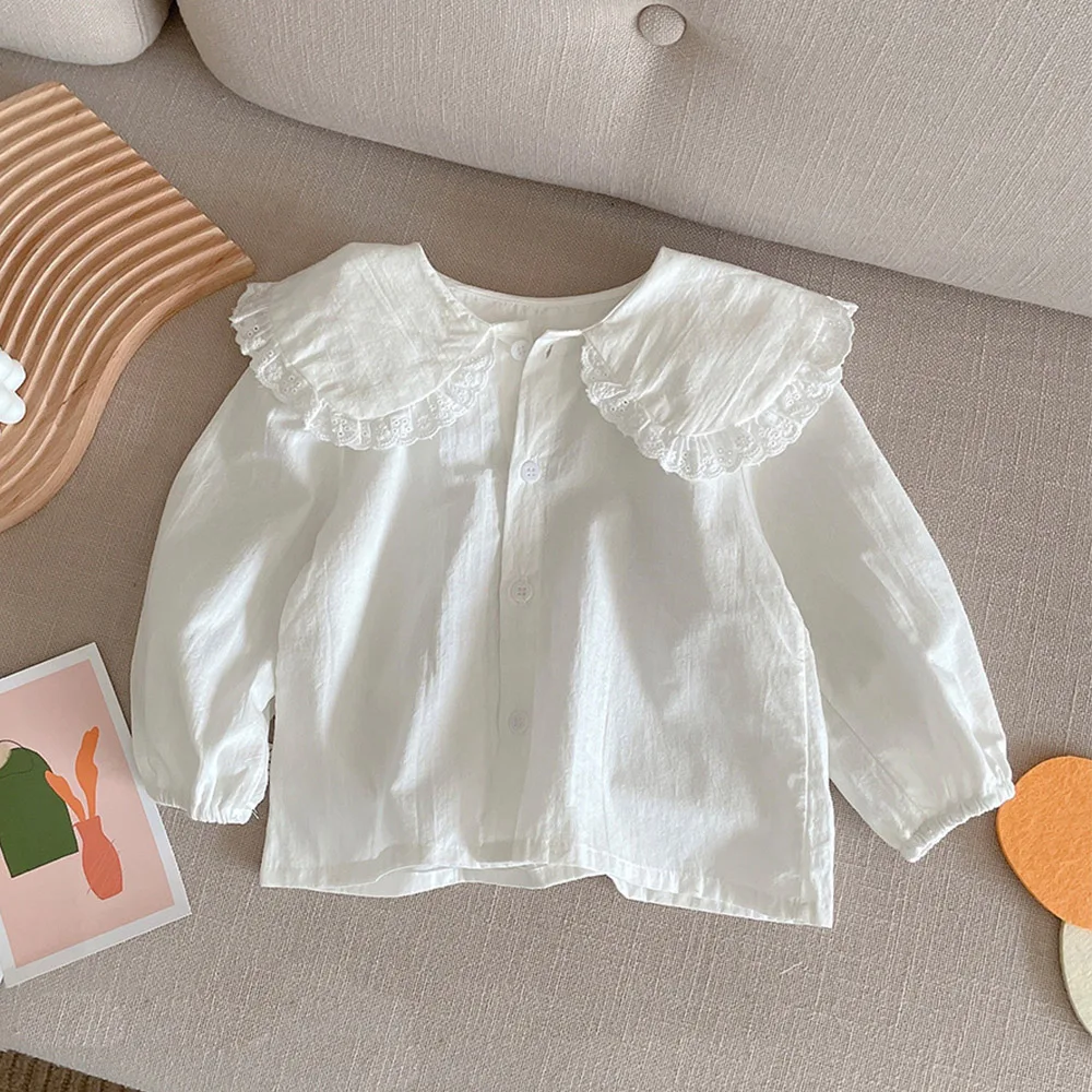 

Amya Baby Girls Long Sleeve Tops Cotton White Solid Color Peter Pan Collar Princess Birthday Clothes Autumn Toddler Blouses