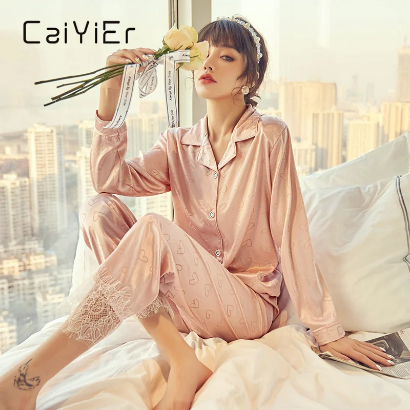 

CAIYIER Spring And Fall 2021 Sleepwear Printed Pure Silk Silk And Lace Spatching Fashion Version Home Wear Pajamas For Women