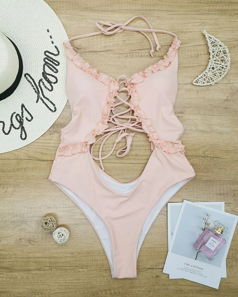 Серый сдельный купальник бандаж женский открытый сексуальный 2020 гофрированный