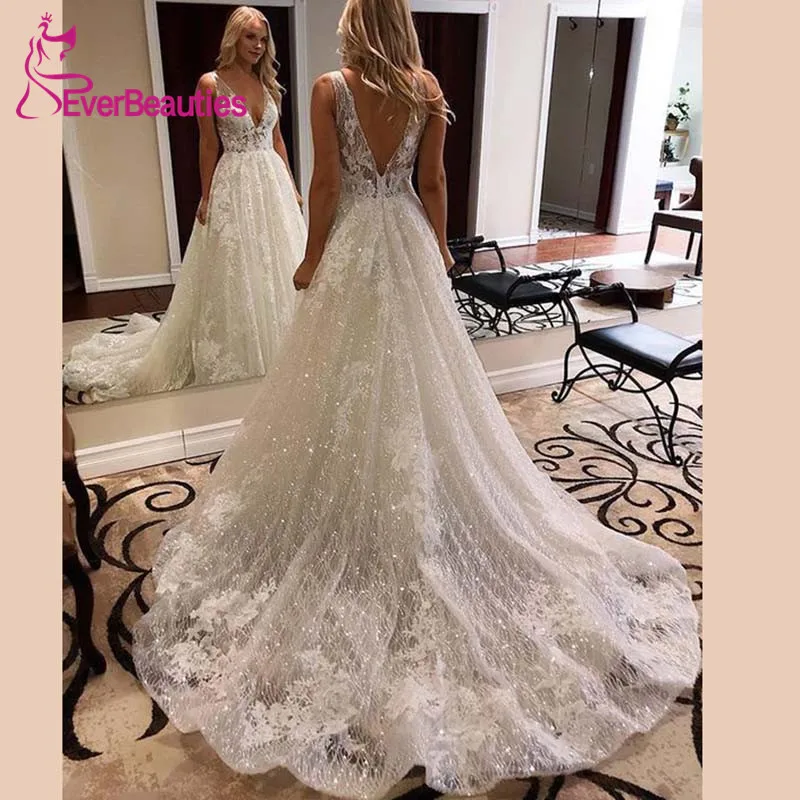 Vestido De Noiva 2020 Wedding Dress Sparkly Glitter V-Neck Bridal Gowns Long Train Robe Mariee | Свадьбы и торжества