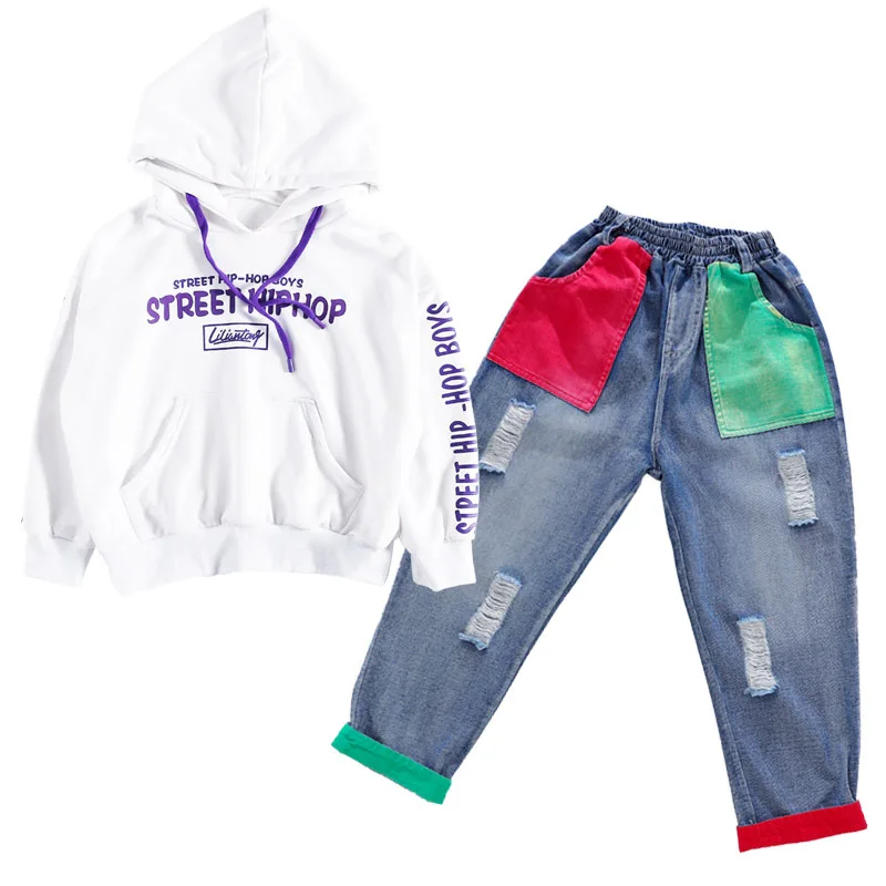 

Kid Cool Hip Hop Clothing White Hoodie Sweatshirt Top Denim Blue Jeans Pants for Girl Boy Jazz Dance Costumes Clothes Streetwear