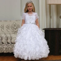 2021 hot sale white ball gown princess flower girls dresses puffy bottom organza sleeveless holy communion gowns with jacket