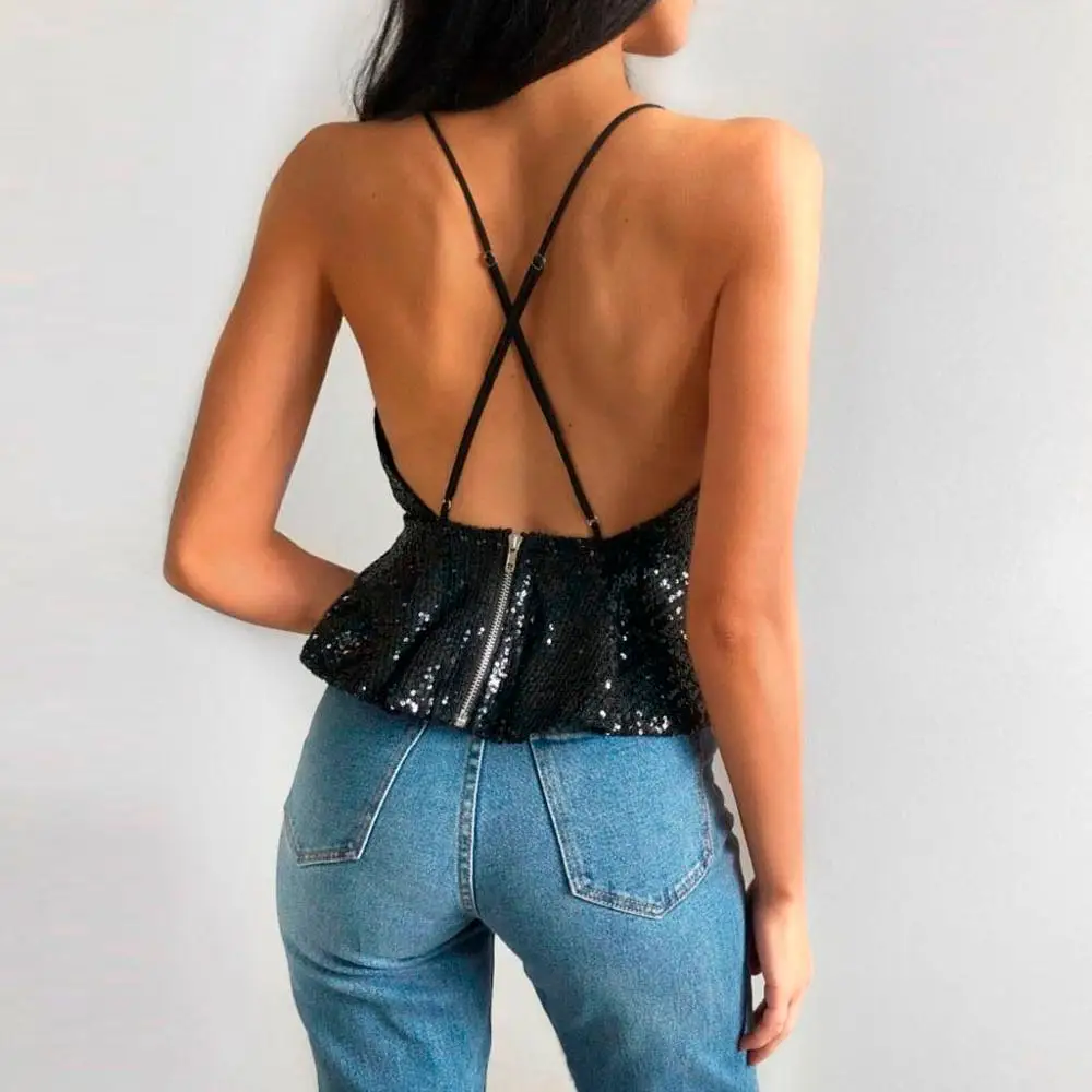 Сексуальный женский топ на бретелях с блестками и размера плюс s женские