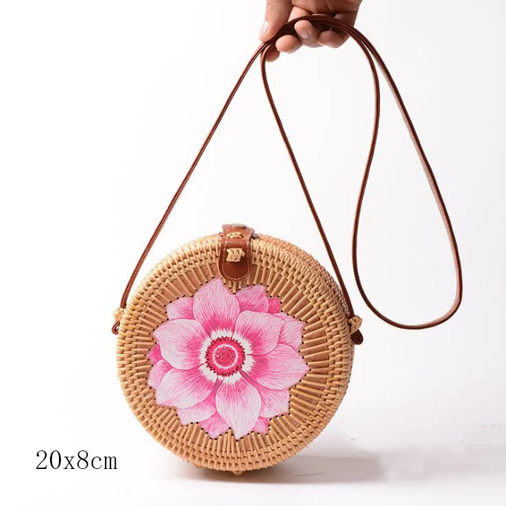 flower B 20X8cm Солнечный пляж, ручные тканые сумки, круглая сумка с пряжкой, Ротанговые соломенные сумки, ранец, богемная пляжная круглая сумка - Цвет: flower B 20X8cm