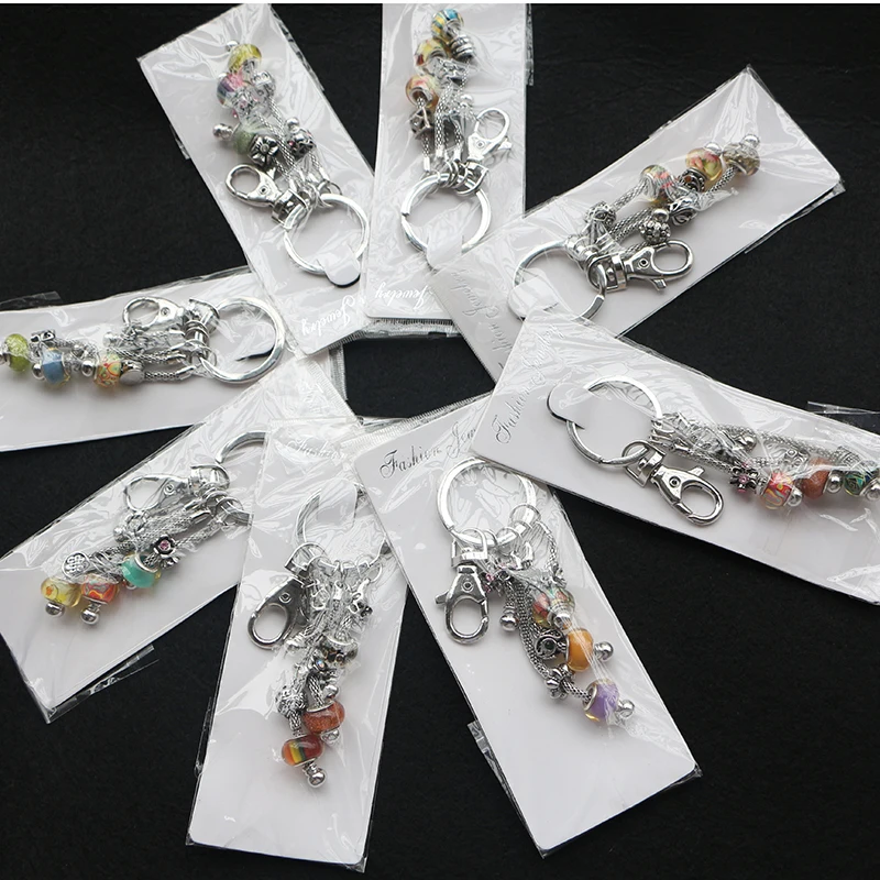 

12pcs/lot High Quality Men's Mix Styles Glass Beads Brand Key chains Crystal Flower Charm Ball Beads Keychain Key Ring For Women