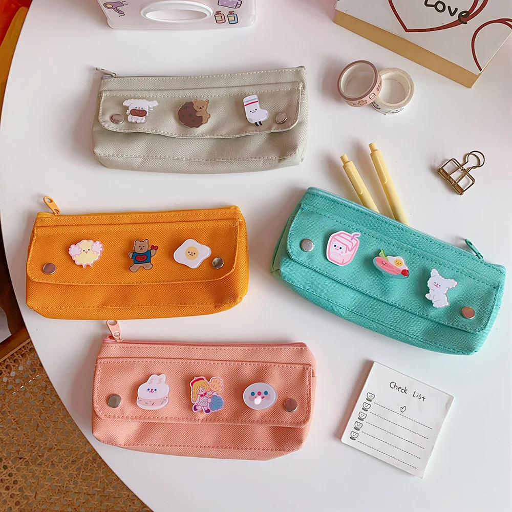 Ins простой милый мультяшный значок Сумка для карандашей большой емкости холст