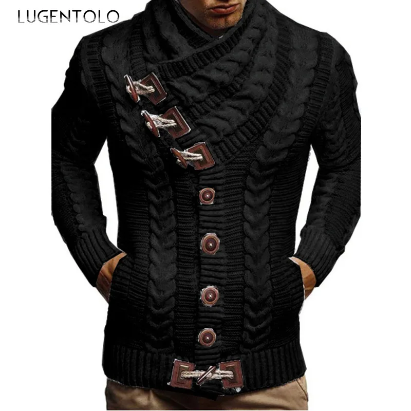

Men Knitted Sweaters Turtleneck Autumn Single Breasted Pocket Solid Female Casual Slim Men's Street Fashion Sweater