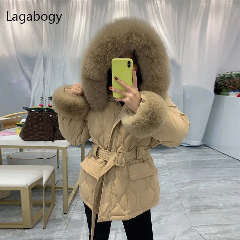 Lagabogy-abrigo de plumón de pato para mujer, chaqueta gruesa con capucha y puños de zorro Natural, Parkas de invierno, 2022