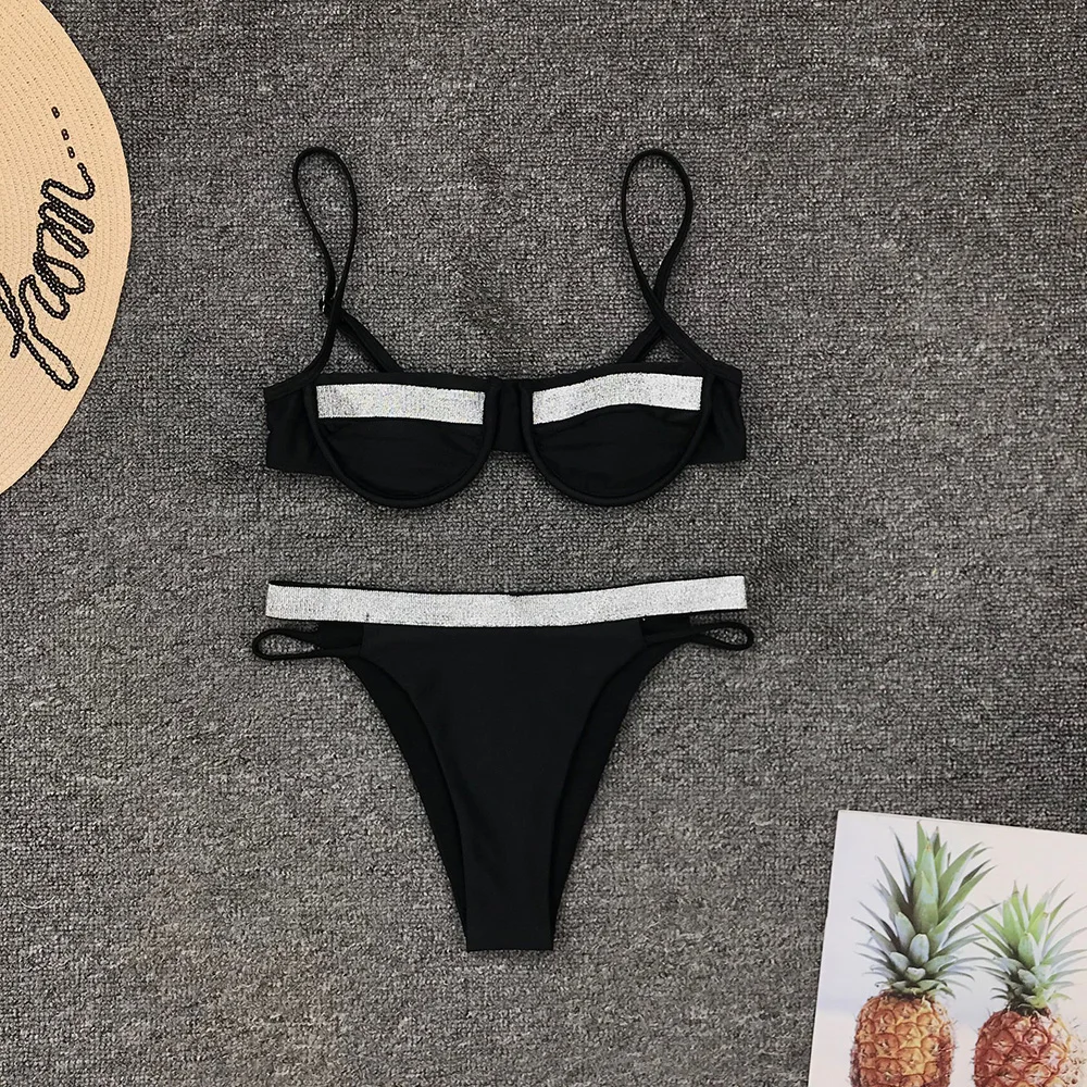 Новинка Женский комплект комбинированного блестящего бикини купальник на