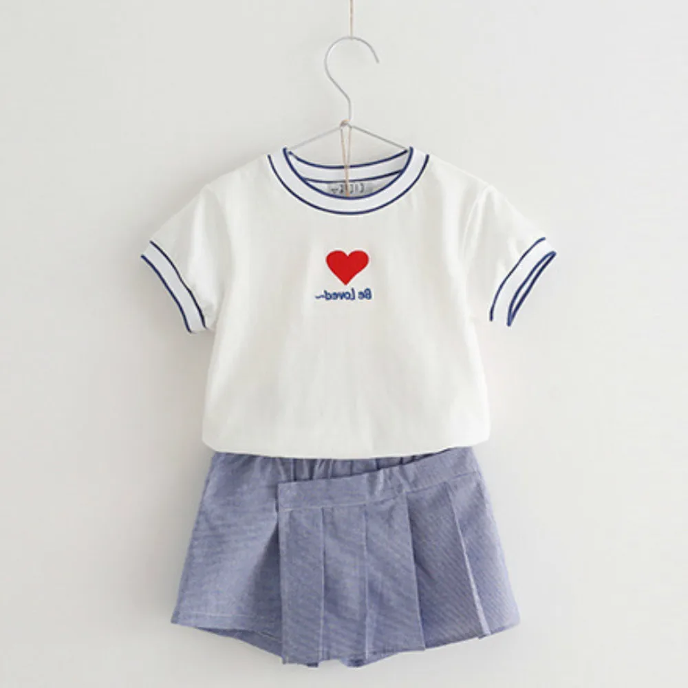 

Children's Clothing 2020 Girls Summer New Love Print Fashion Short-sleeved Cotton T-shirt with Pleated Skirt Two-piece Suit