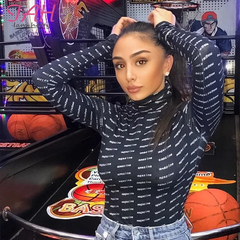 

IAMHOTTY Letter Print Bodycon Casual Turtleneck Bodysuit New Fashion Slim Basic Black Jumpsuit Autumn Solid Long Sleeve Bodysuit