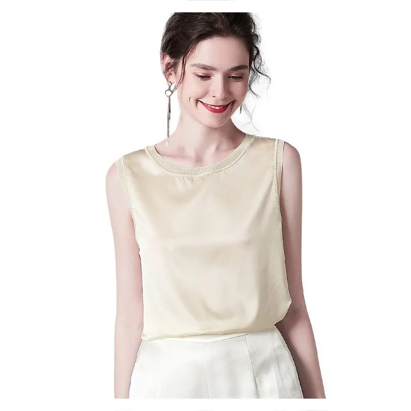 

Light Luxury Simple Silk Shirt Mulberry Silk round Neck Sleeveless Shirt All-match Net Color Shirt Female 2020 Fashion New Style