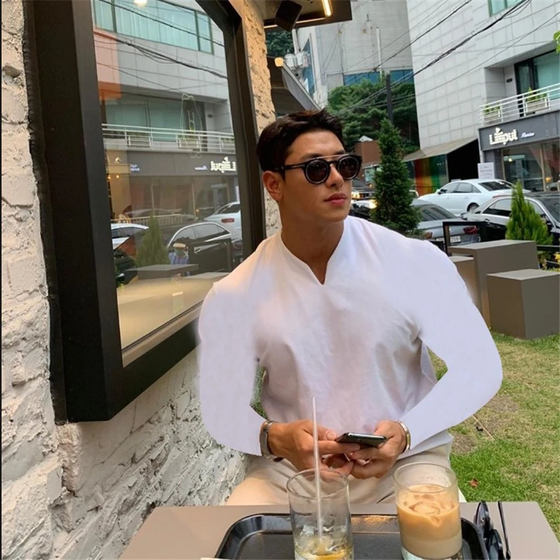 Мужская футболка с V образным вырезом и длинным рукавом для фитнеса повседневная