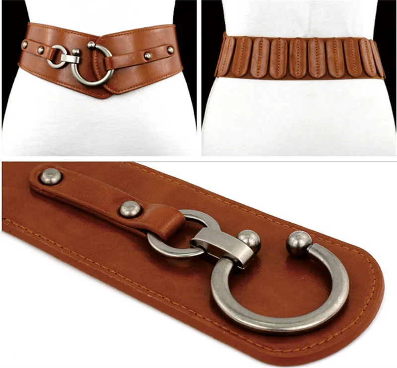 New Fashion Elastic Wide Belt Strap Vintage Women Faux Leather Buckle Elastic Wide Belt Strap Solid Color Waistband images - 6