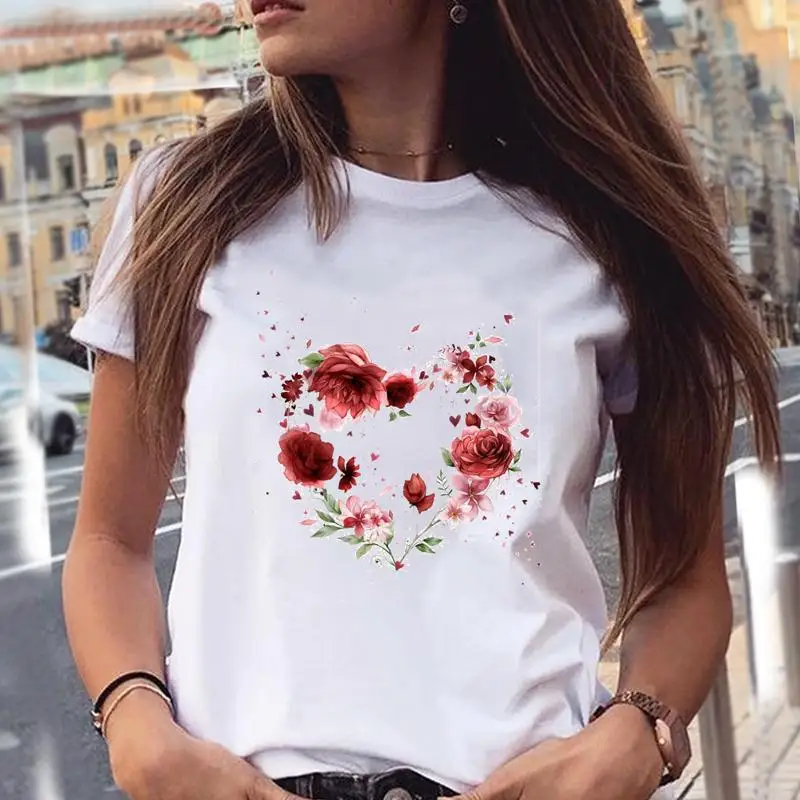 

Женские футболки с цветочным акварельным сердцем, модная летняя Женская стильная футболка с мультяшным графическим принтом, футболка, футб...
