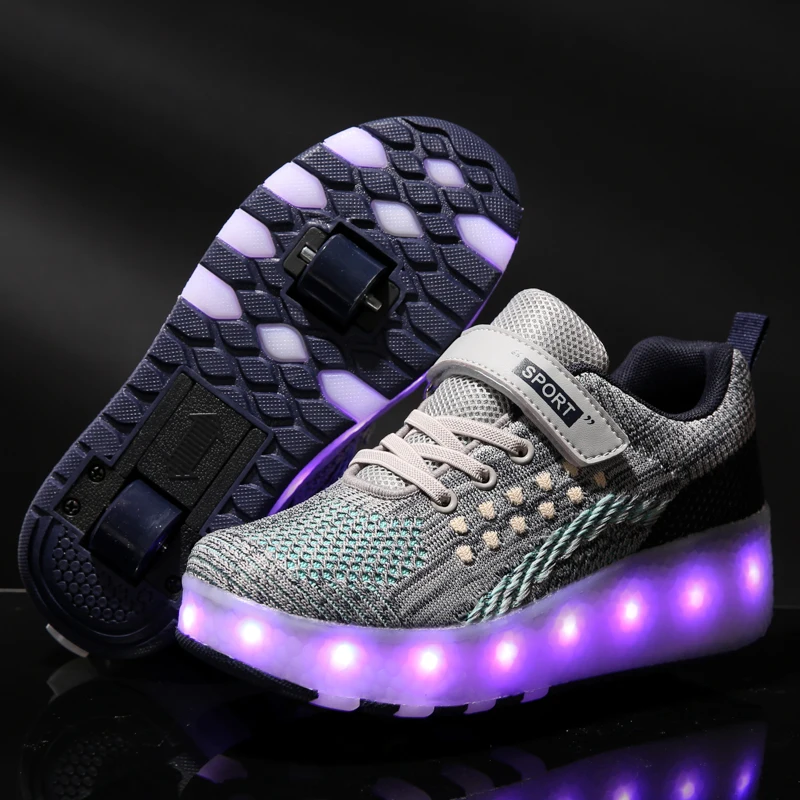 Children Two Wheels Luminous Glowing Sneakers Red Grey Pink Led Light Roller Skate Shoes Kids Boys Girls USB Charging | Детская одежда