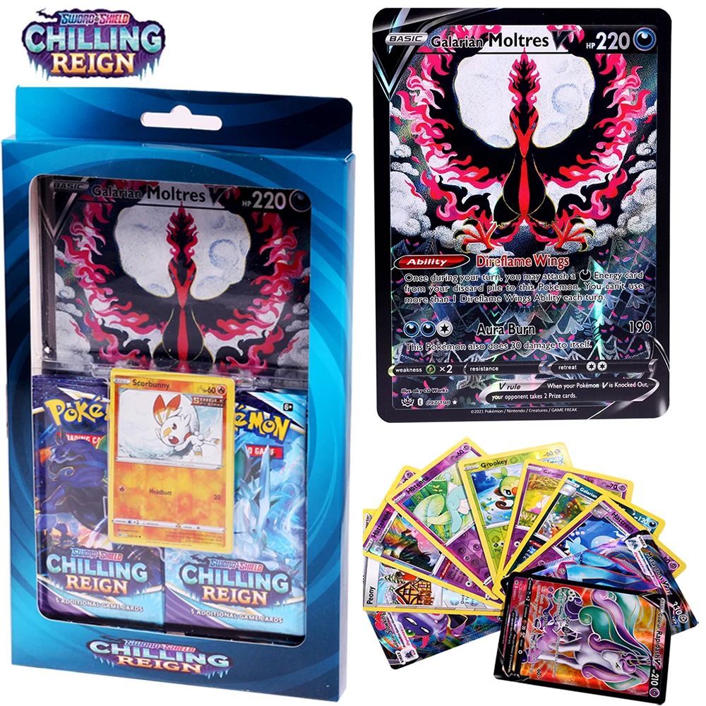 

Latest 52Pcs Galarian Moltres V 51 pcs Cards 1pc Oversized Pokmon Cards:Chilling Reign Box Trading Card Game Collection