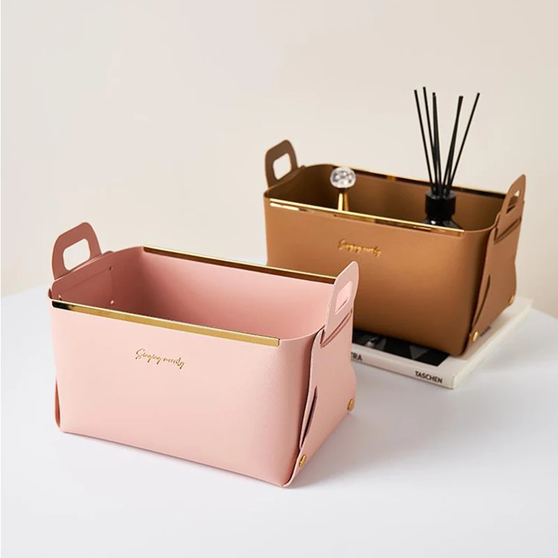 

Home Storage Basket Sundries Makeup Tools Portable Arrange Bag Bathroom Desktop PU Leather Folding Storage Organizer Unique Gift