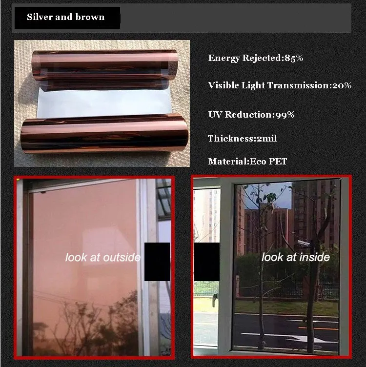 Silver and brown 60 см* 5 м светоотражающие зеркальная пленка Anti UV теплоизоляция декоративные коричневый цвет солнечное окно фильм Фольга для privavy защиты - Цвет: Silver and brown