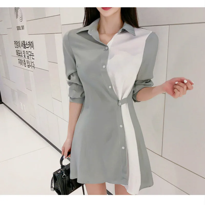 

Design Contrast Color Shirt Dress Autumn Winter Women Splicing Fashion Temperament Slimming Single-breasted Long Sleeves Dress