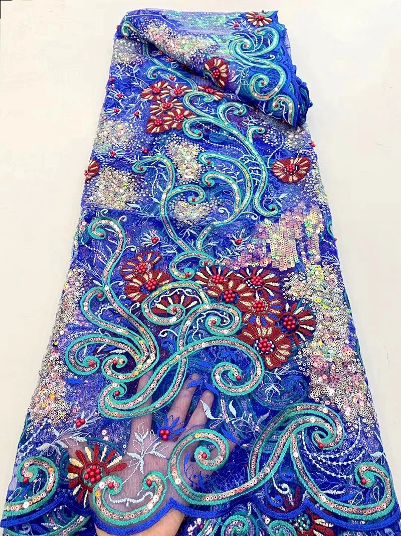 

Newest African Sequin Lace Fabric With Beads Luxury Multicolor French Tulle Lace Fabric For Woman Sewing Nigerian Sequence Laces