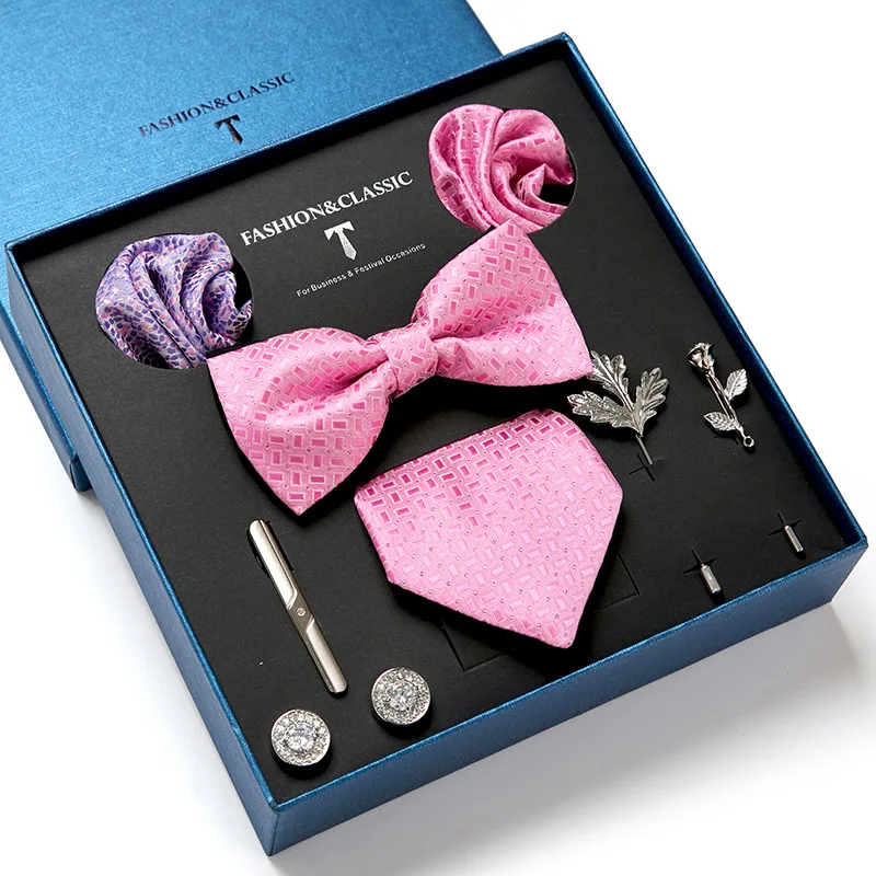 

New Design Pink Tie Set With Gift Box Jacquard Woven gravata Silk Tie Hanky Cufflinks Necktie Brooch Tie Clip Set