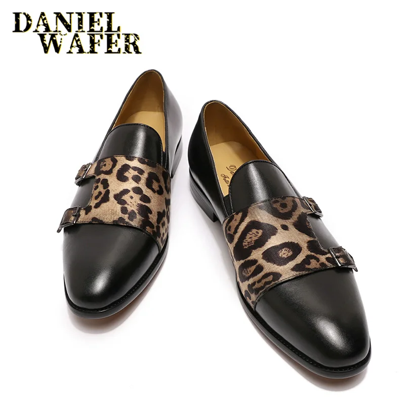 Italian Stylish Men Loafers Brown Black Shoes Leather Double Monk Strap Pointed Toe Casual Dress Wedding Print | Обувь