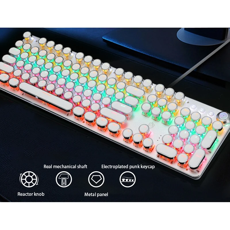 

Gaming Mechanical Keyboard, Metal Panel,LED Backlit,USB Wired,Typewriter-Style Round Keycaps,for Laptop Desktop PC