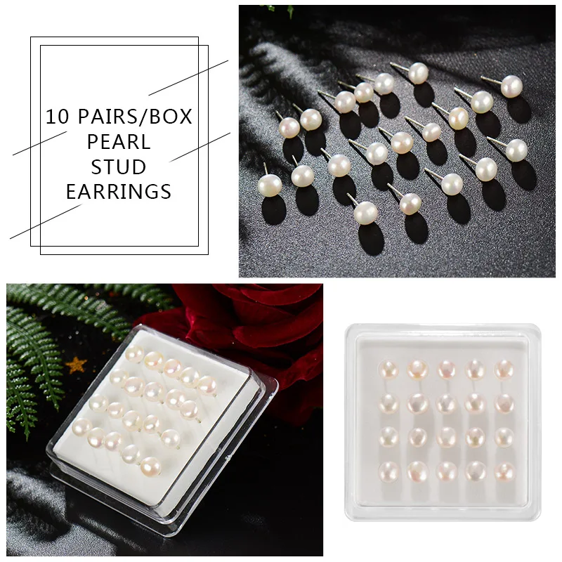 

40pcs 925 sterling silver earrings Female mixed color silver inlaid natural pearl earrings Round pearl women stud earrings 6mm