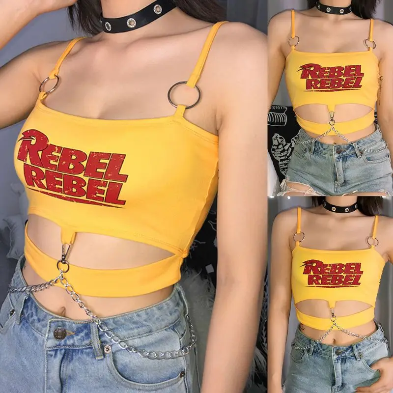 Женский укороченный топ без рукавов с круглым кольцом и металлической цепочкой