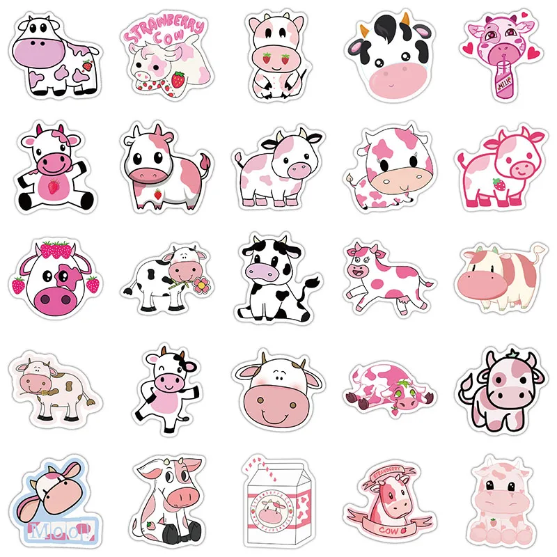 50 Uds de dibujos animados rosa fresa adhesivos de vacas impermeable Animal pegatinas de grafitis para ni&ntilde;os monopat&iacute;n DIY equipaje pegatina de juguete-2