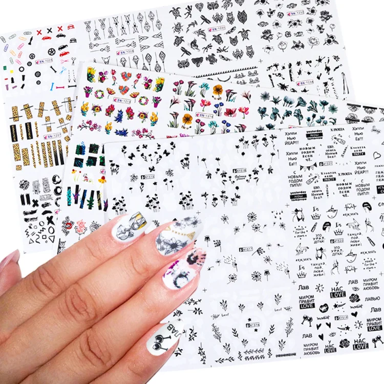 36 шт. Набор наклеек для ногтей с черными буквами цветы слайдер переноса воды