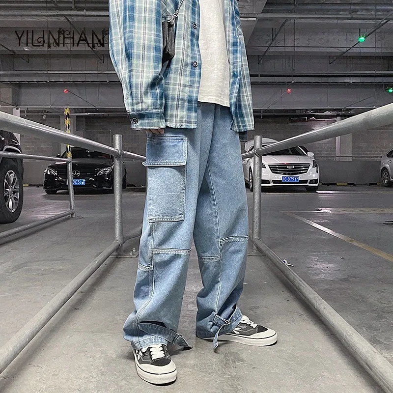 YILINHAN y2k Men Casual Jeans Wide Leg Denim Pant Loose Straight Baggy Men's Jeans Streetwear Hip Hop Casual Skateboard Pants
