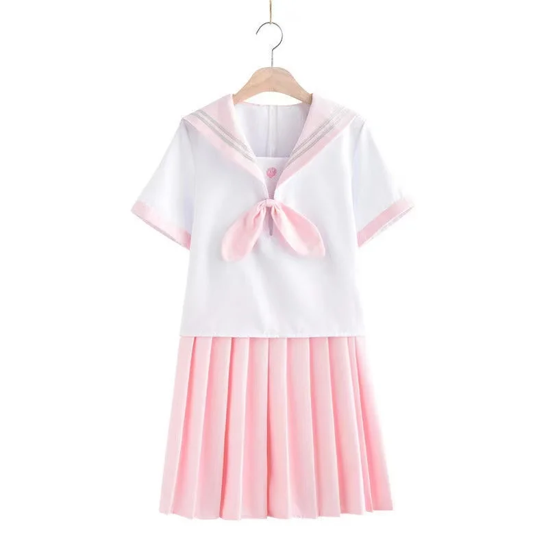 

Pink Japanese School Uniforms Anime COS Sailor Suit Lovely Girls Short Tops+tie+skirt Jk Navy Style Students Clothes For Girls