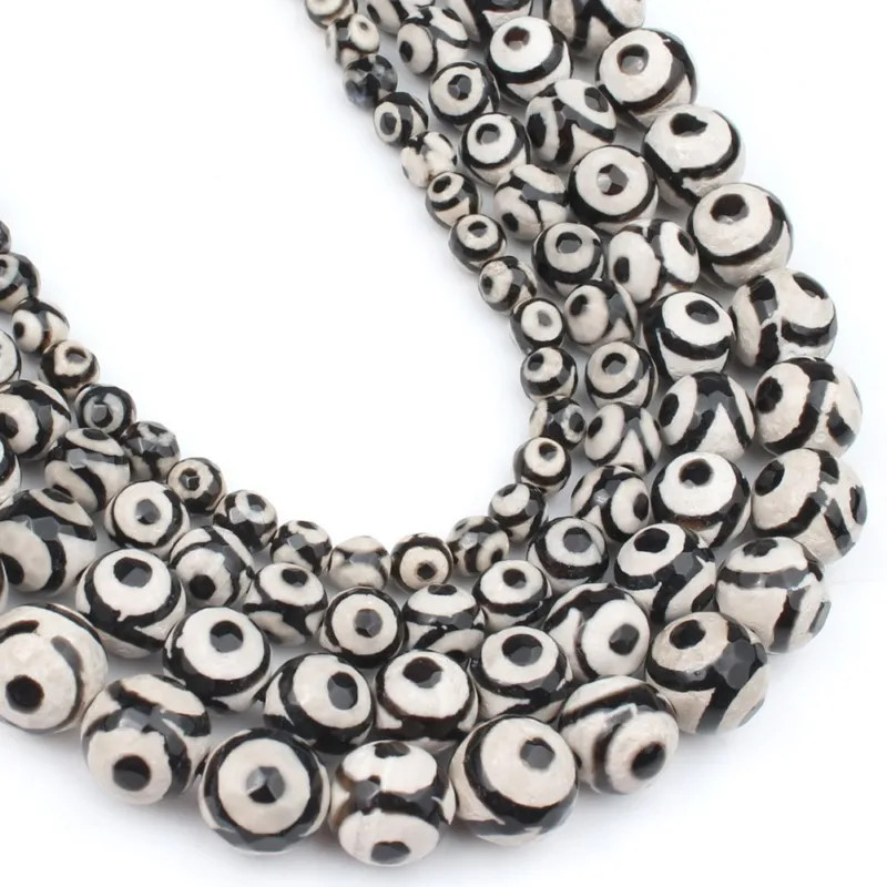 Faceted Black eye Agate Tibetan Mystical Old Onyx Natural Stone Beads For Jewelry Making DIY Charm Bracelet 6 8 10 12mm 15 inch | Украшения