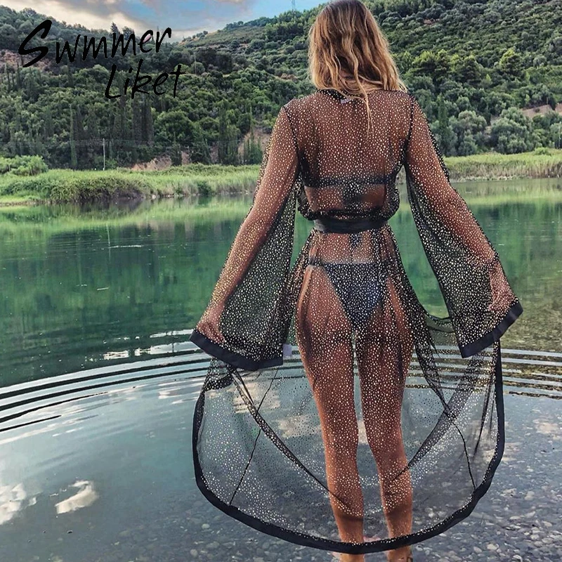 Прозрачная накидка новинка 2020 длинный рукав купальник женское длинное пляжное