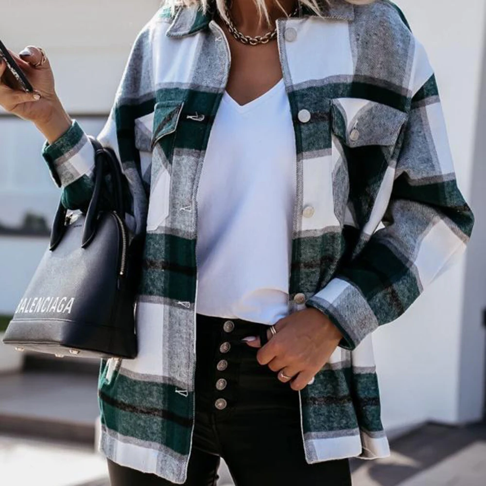 

Shirts For Women Plaid Long Sleeve Button Up Shirt Collared Tops And Blouse 2021 Autumn Winter Fashion Loose Casual Black White