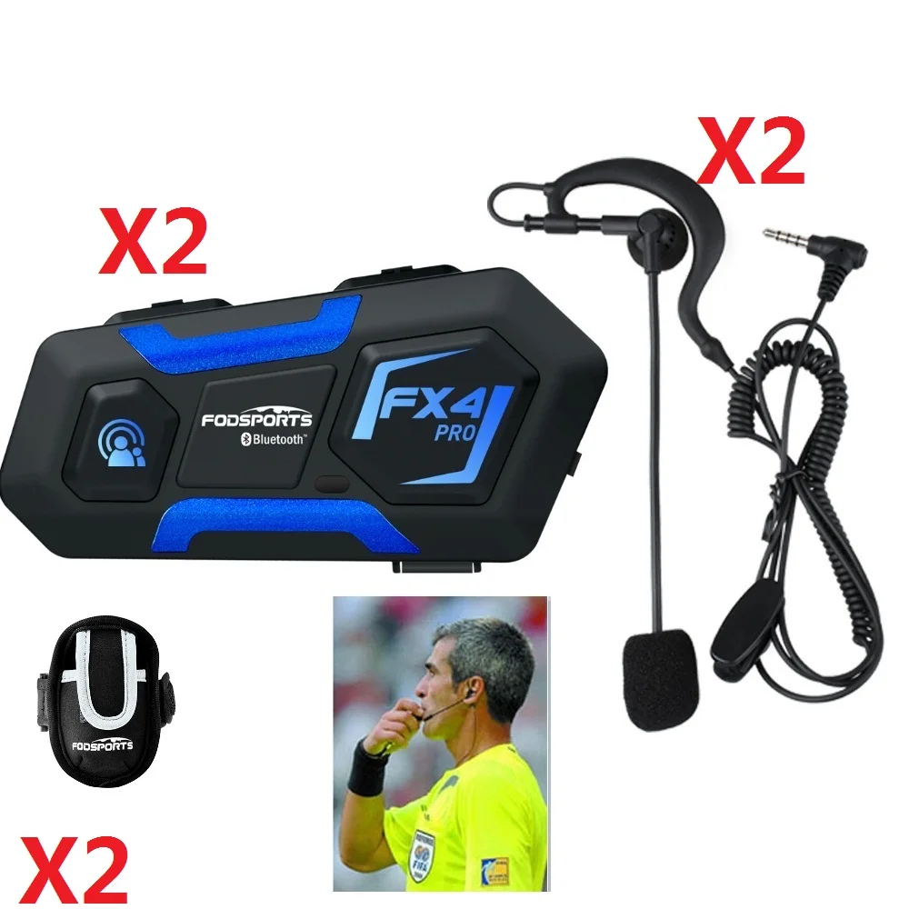 Fodsports 2 pcs FX4 Referee Intercom 1200M Wireless Bluetooth Headset Soccer Interphone BT 5.0 for Football Judge with FM Radio