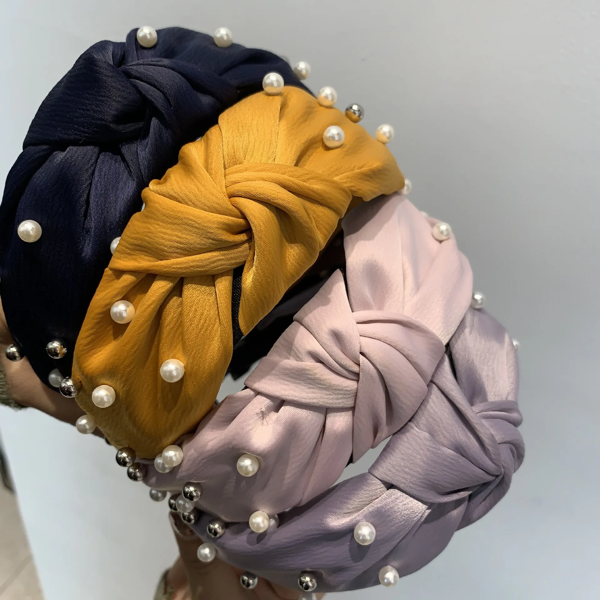 

Knot Pearls Headbands For Women Girls Handmade Wide Solid Silk Fabric Twist Hairband Bezel Hair Hoop Hair Accessories