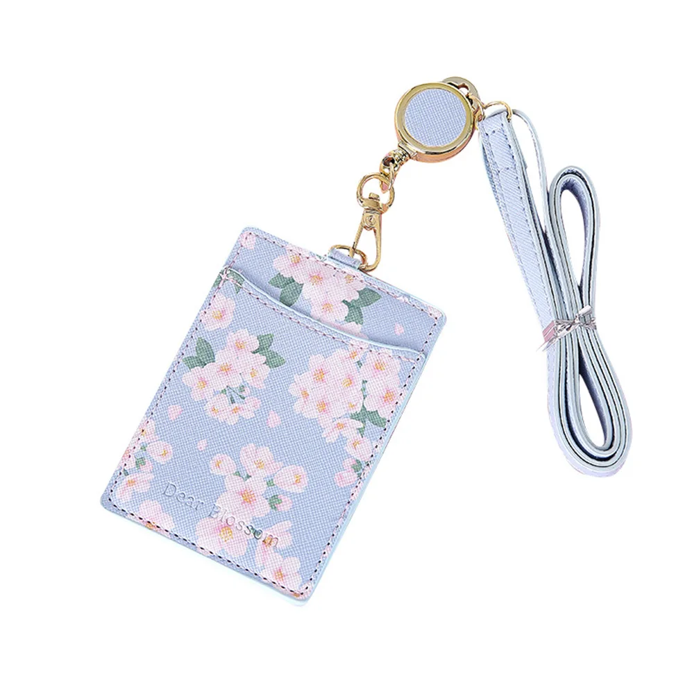 

Newest Cherry Flowers PU Card Holder Retractable Cute Card Holder Girl Student Clear ID Card Pass Cover Women Badge Card Case