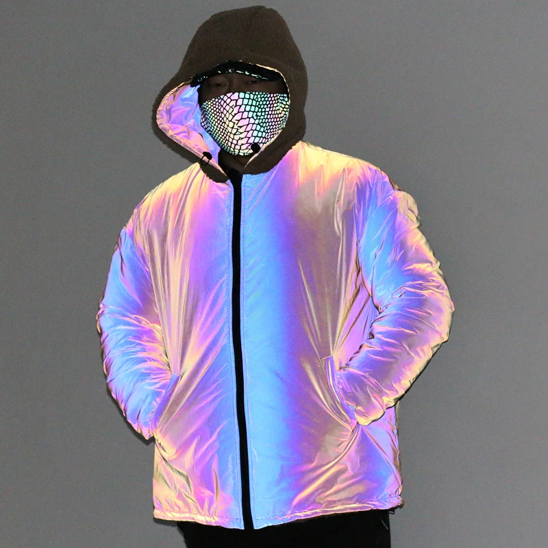 Разноцветное светоотражающее обратимая зимняя куртка для мужчин с ворсом из