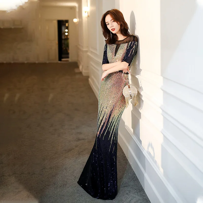 

Black Women Sexy Queen Banquet Dresses Exquisite Sequins Mermaid Evening Party Dress Tassel Floor Length Qipao Robe De Soiree