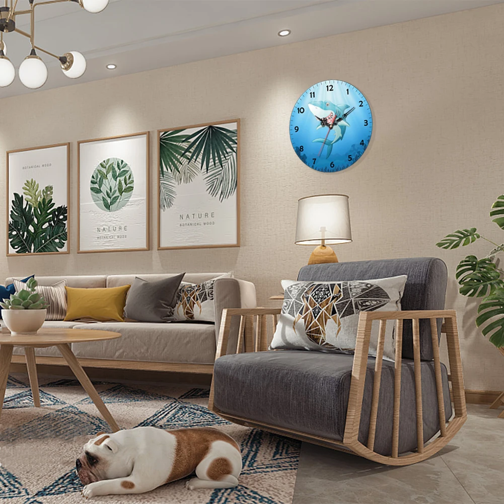 

Wooden Quartz Wall Clock Bedroom Round Mute Three Arabic Numerals Dial Display Styles Creative Shark Practical Office Gifts
