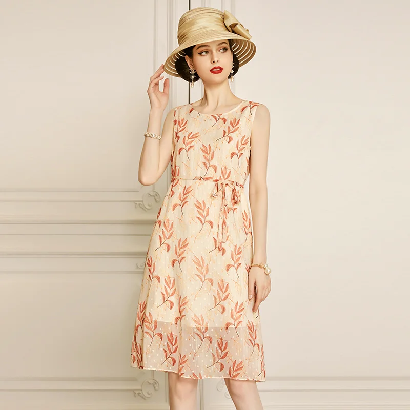 

SHZQ Fashionable and Versatile Chiffon Dress 2021 New Summer Sleeve Lace Up Round Neck Foreign Style Medium Length Skirt