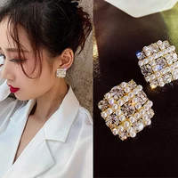 new design fashion gold color square stud earrings luxury elegant crystal rhinestone earrings wedding earrings for women
