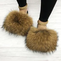 Fluffy Slippers Slides Real Fox Fur Women Outdoo Flat Flip Flops Sandals Big Fur House Slippers Female Summer Beach Shoes New