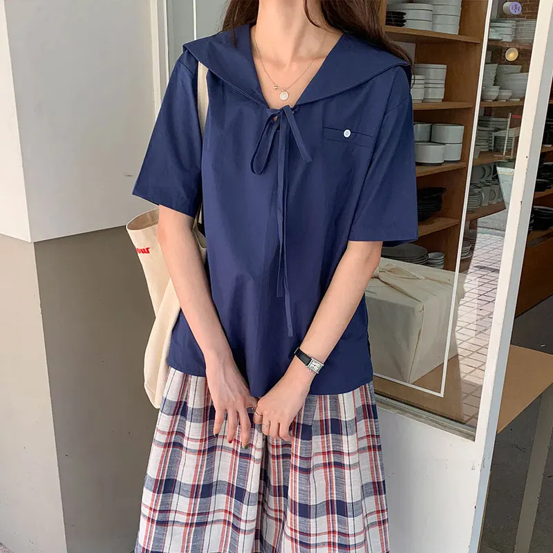 

Woman Casual Blusa Tops 2021 Women Summer Sweet Sailor Collar Short Sleeve Lace-up Blue Shirt Chic Loose Preppy Style T Shirt