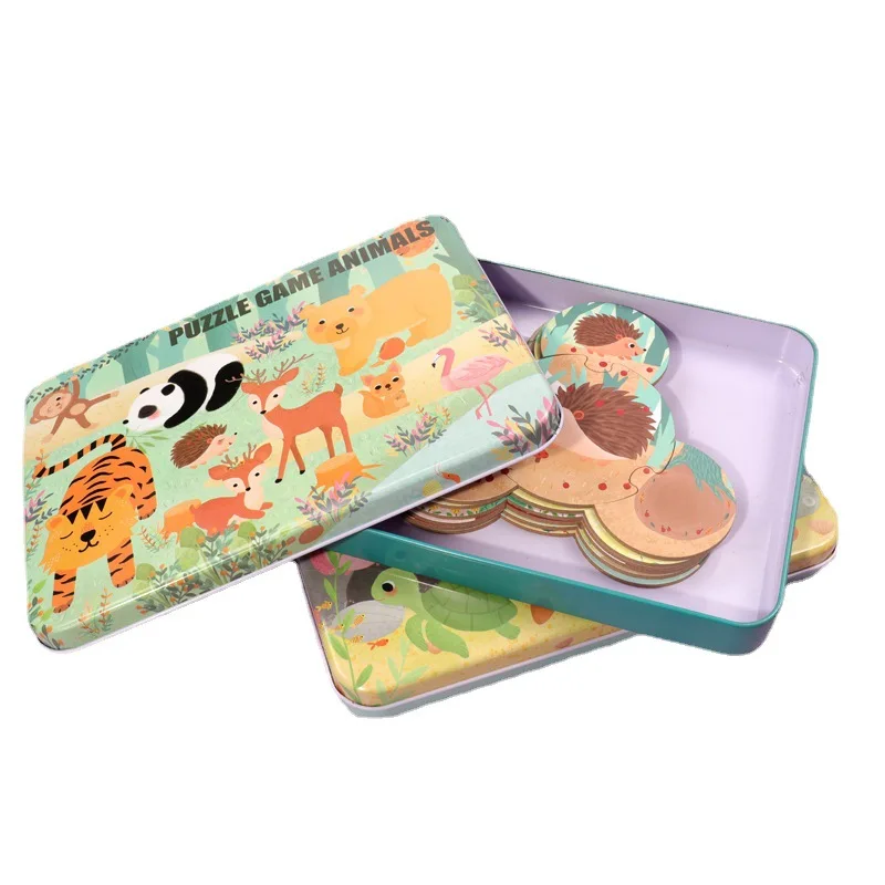 

JINLETONG Iron Box Wooden Jigsaw Puzzle Toys Montessori Educational Wooden Toys 3D Wood Puzzles Toy for Kids